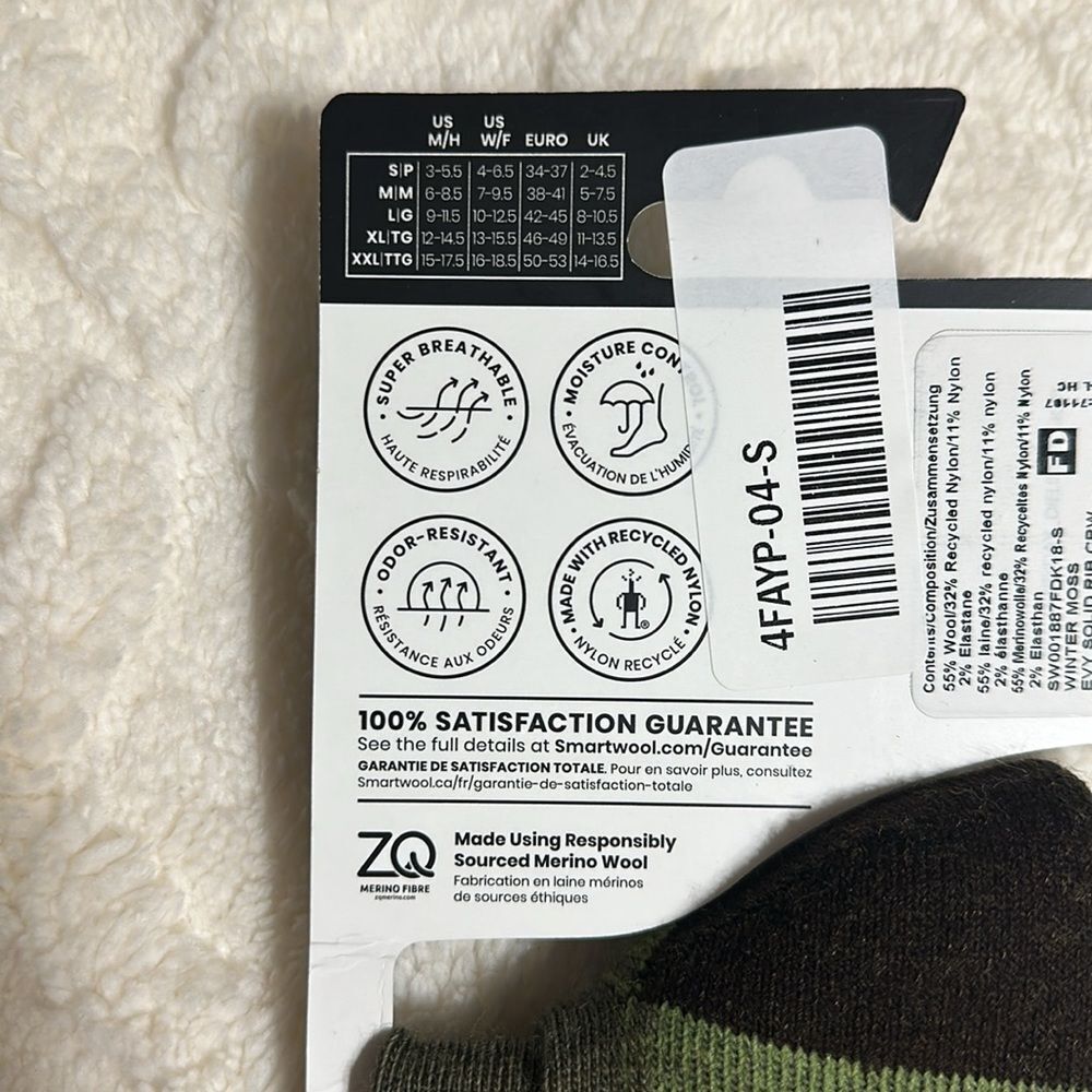 SmartWool S Unisex Camo Army Winter Moss Green Everyday Ribbed Wool Crew Socks - Picture 8 of 9